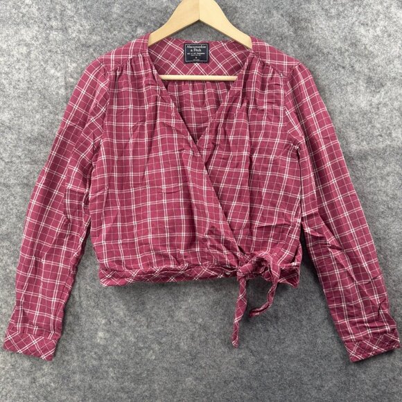 Abercrombie & Fitch Top Womens M Pink Check Wrap Crop Long Sleeve VNeck Side Tie - Picture 1 of 9